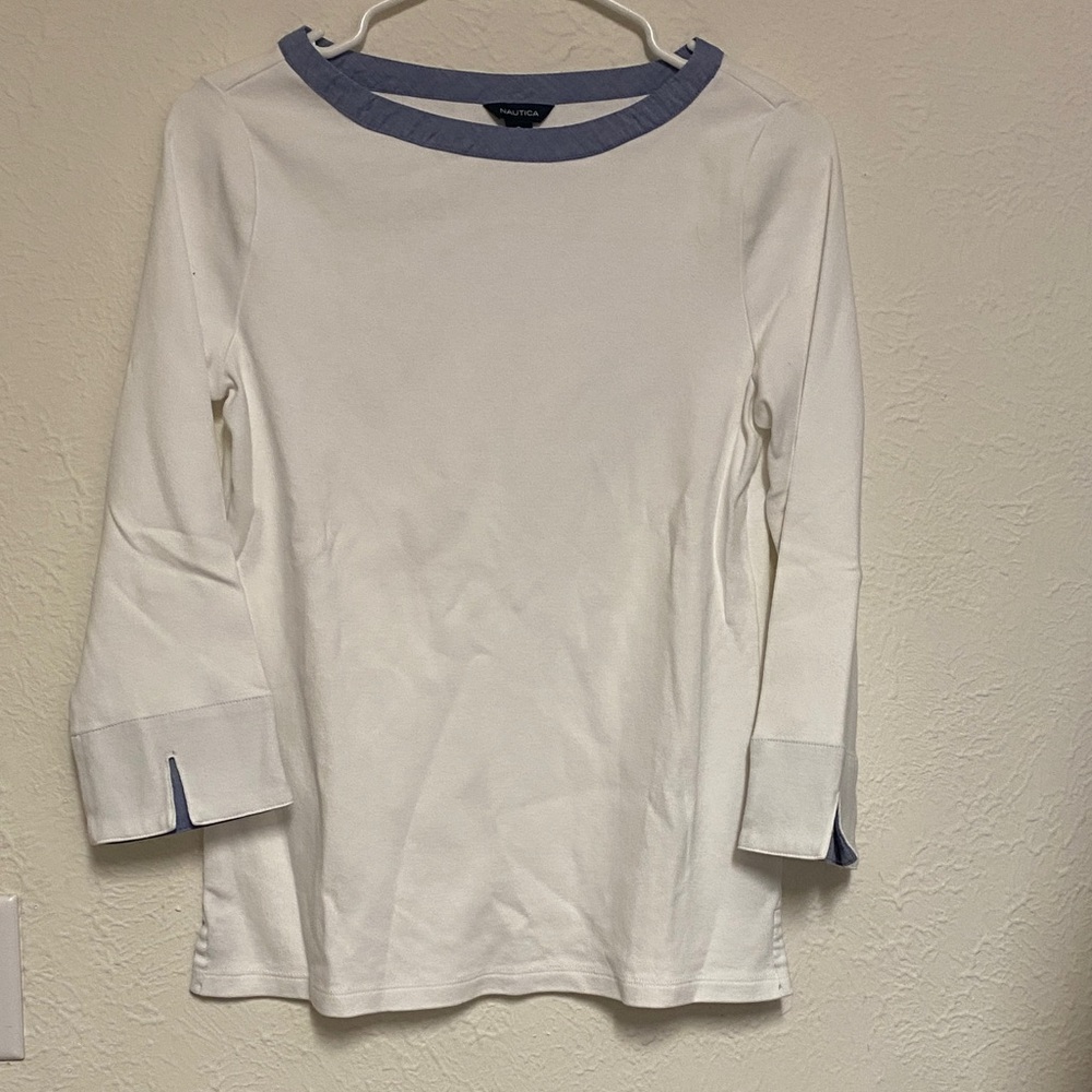 Nautica White Long Sleeve Top with Blue Trim Accents